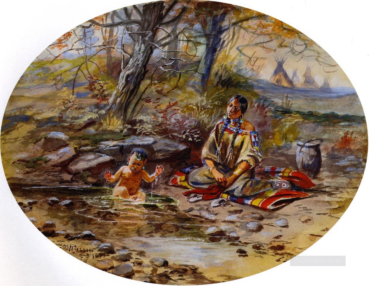 El baño 1899 Charles Marion Russell Indios americanos Pintura al óleo